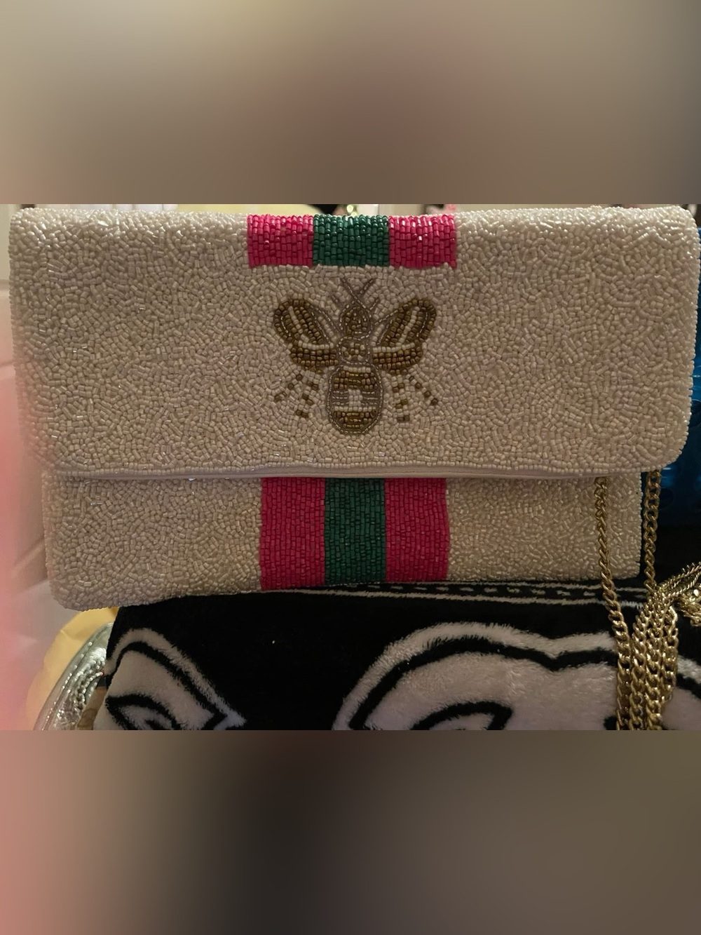 Embellished Beaded Women’s Clutch in Cream with Pink & Green Stripe